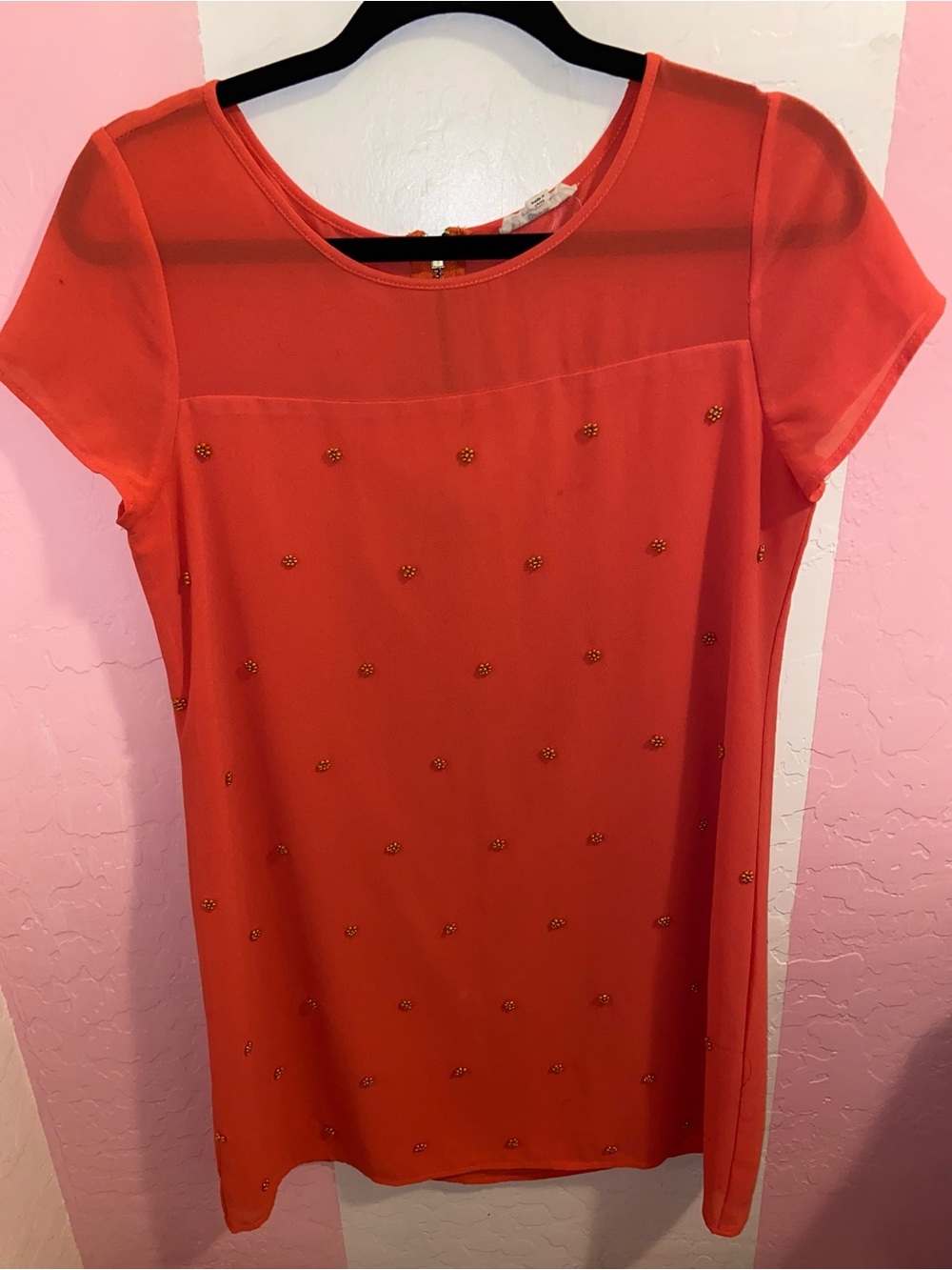 ezra Coral Orange Short Sleeve Embellished Mini Dress